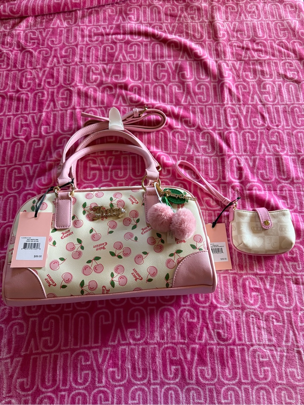 Juicy Couture Exclusive Soft White Pink Cherry Girl Satchel W Mini Tab Wristlet